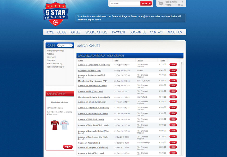 5 Star Football Tickets search page